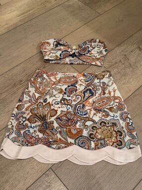 Paisley Two-Piece Bandeau Top and Scalloped Skirt Set - White Multi.